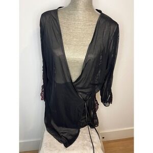 Frederick's of Hollywood Wrap Robe Womens XL Black Sheer Lace Mesh Excellent